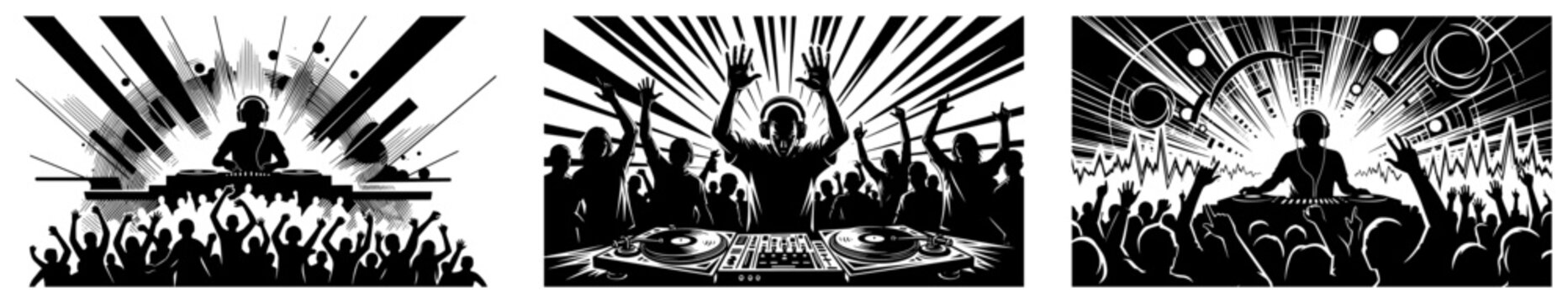DJ silhouettes at music concert festival set, crowd of people dancing with light rays, nightlife party event atmosphere vector
