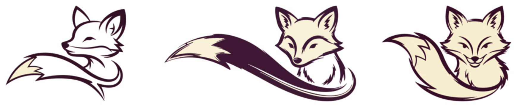 Cute fox silhouettes and line art set, wild animal mascots collection, stylized fox head and tail vector for logo and sticker design