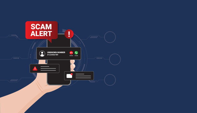 Smartphone showing scam alert and suspicious caller ID warning. Concept of fraud detection, cybercrime prevention, and digital security awareness.