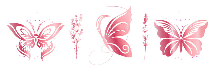 Pink Glam Butterfly Set with Botanical Elements Feminine Design. Modern pink butterflies with botanical accents, perfect for beauty branding, fashion graphics, and feminine decorative projects.