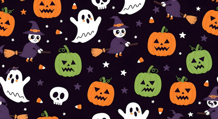 Obraz premium Halloween pattern with pumpkins ghosts and witches
