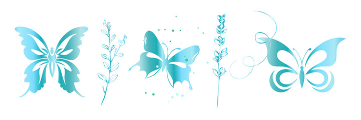 Turquoise Butterfly Set with Botanical Elements Fresh Nature Design. Fresh turquoise butterflies with botanical branches, perfect for wellness branding, spa graphics, and natural themed designs.