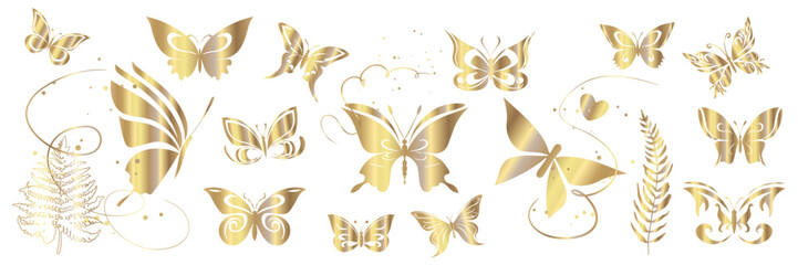 Luxury Gold Butterfly Collection with Botanical Ornaments. Large collection of gold butterflies with decorative botanical elements for premium branding, packaging, and elegant design projects.