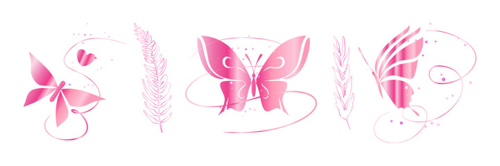 Romantic Pink Butterfly with Fern and Heart Elements. Pink butterfly composition with fern leaves and heart accents, ideal for romantic, wedding, and Valentine designs.