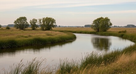 River flowing through grassy landscape