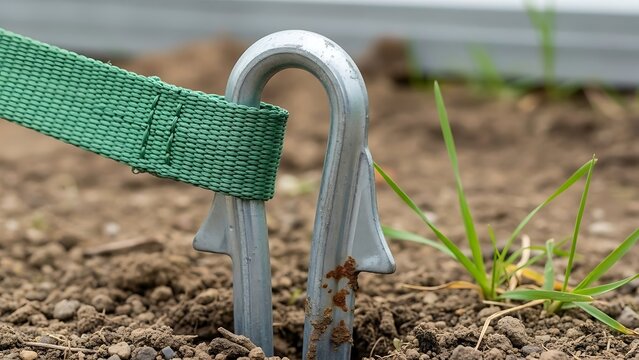 Sturdy anchor secured in earth with green webbing for grounding purposes