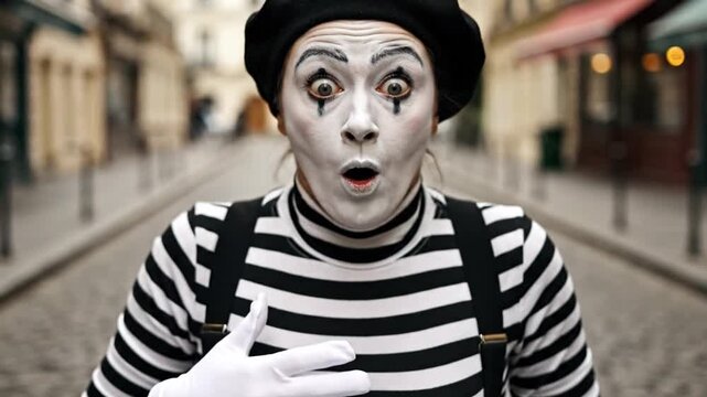 Surprised mime covering mouth with hand on city street
