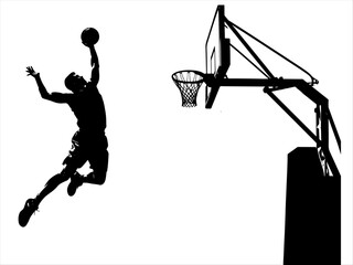 Basketball player mid-air slam dunk, hoop and backboard visible, motion and athleticism emphasized. © Formless Ink