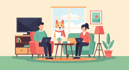 Fototapeta na wymiar Two people work on laptops at home with a dog in the window