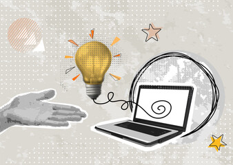 Trendy Halftone Collage with hand gesture near light bulb on screen laptop. Concept of creative idea, business solution, creative mind or brainstorm. Contemporary vector