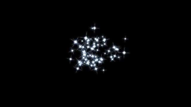 Sparkling 2D cartoon stars with glitter explosion and comic smoke burst effects, glowing fairy dust twinkle shine animation, seamless loop overlay on black screen for motion design 4K