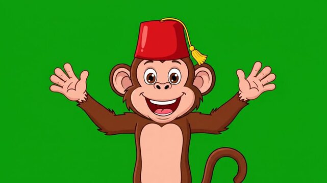 Smiling cartoon monkey wearing red fez on green background