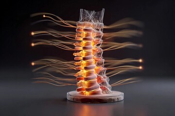 Fototapeta premium Model shows human spine with glowing nerves and energy shapes in dark background representing nervous system function