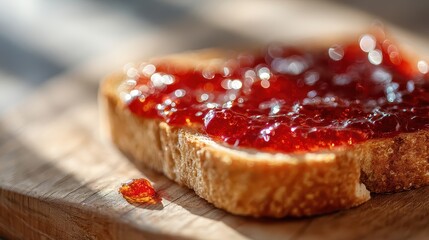 Close-up of a slice of toasted bread with glossy strawberry jam spread evenly on top on a wooden surface
