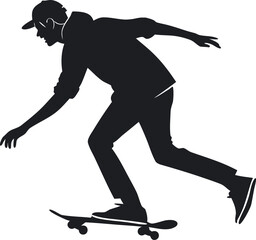Fototapeta premium Vector silhouette illustration of a male skateboarder wearing a baseball cap and hoodie, isolated on a transparent background, performing a trick.