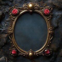 Ornate gold oval frame with roses, dark background