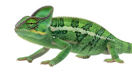 Obraz premium Vibrant green chameleon with distinctive markings and yellow eye isolated on transparent background