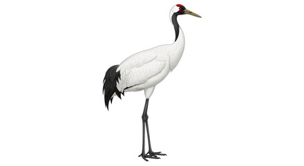 Obraz premium Elegant red-crowned crane with pristine white plumage, black neck and tail feathers, and long slender dark legs, standing gracefully. isolated PNG with Transparent Background