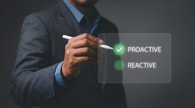 Businessman presenting a digital choice between proactive and reactive approaches on a tablet