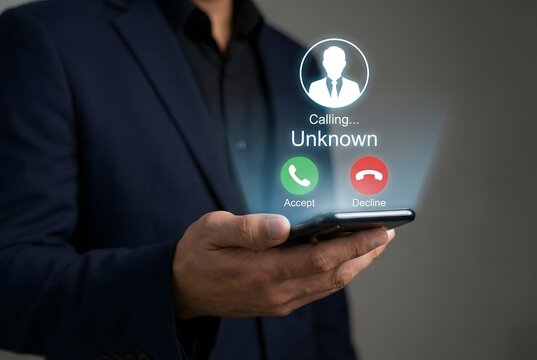 Businessman receives an incoming call from an unknown number on his smartphone.