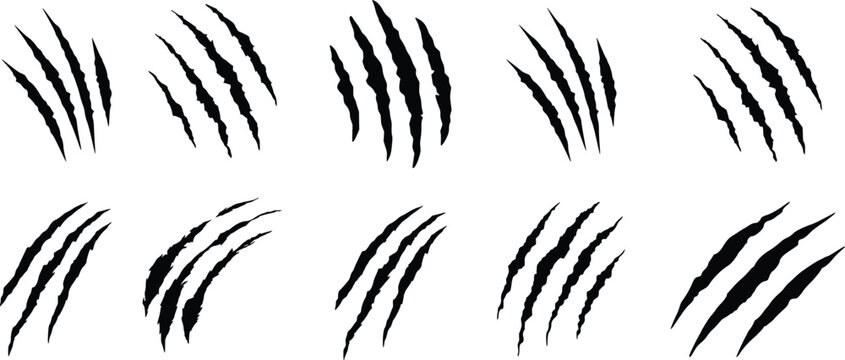 Black Claw Scratch Marks Collection &ndash; Wild Animal Scratch Cuts and Ripped Slash Effects Vector Set