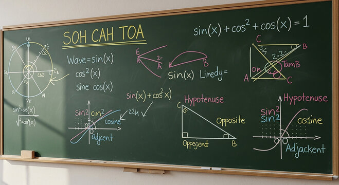 Blackboard with S O H C A H T O A trigonometry equations and diagrams chalkboard