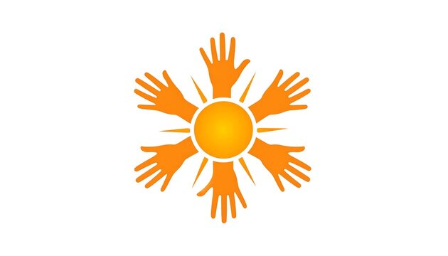 A vibrant graphic displays six orange hands reaching outward from a bright yellow-orange circle, resembling a sun with rays of hands on a white background