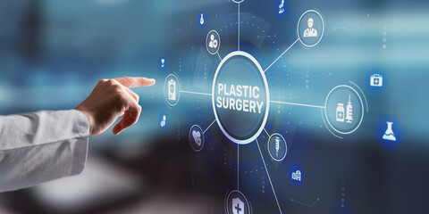 The inscription PLASTIC SURGERY on a blurred medical office background with copy space