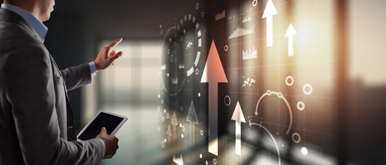 Progress or development concept. 2025 Business growth, investment profit increase, arrow graph future growth on virtual screen