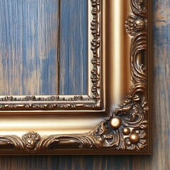 Ornate gold picture frame detail, wood background