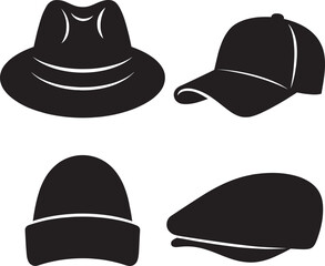 A diverse collection of vector silhouettes representing various styles of hats and caps for fashion design and graphic projects.