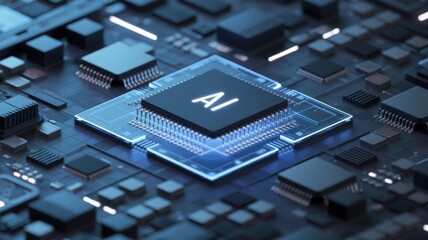AI Microchip in Futuristic Circuit Board with Blue Neon Lighting on Dark Background for Technology