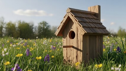 Wooden Birdhouse in Wildflower Meadow Landscape.