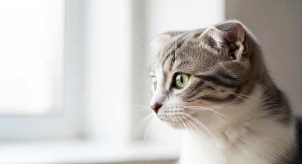 Obraz premium A close-up of a gray tabby cat looking out the window.