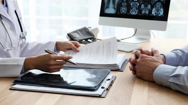 Expert medical consultation showing brain MRI scans on a desk. Useful for healthcare advertising and diagnosis explainer videos.