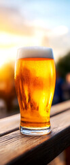 Refreshing Pilsner Beer in a Glass Outdoor Setting at Sunset Captivating Beverage Photography Tranquil Environment Inviting Viewpoint Celebrating Leisure Moments