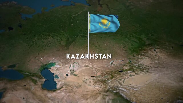 The Flag of Kazakhstan on the World Map, the Kazakhstan flag waving on the 3d map animation 4K