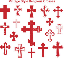 Obraz premium A comprehensive collection of red vintage style religious crosses in various traditional designs