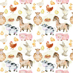 Watercolor farm seamless pattern with animals. Cute cartoon characters.