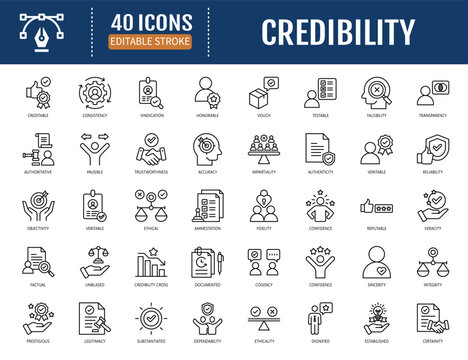 Credibility icon set. Includes trustworthiness, reliability, authenticity, integrity, honesty, dependability, accountability. Outline icon set. Vector illustration with editable stroke
