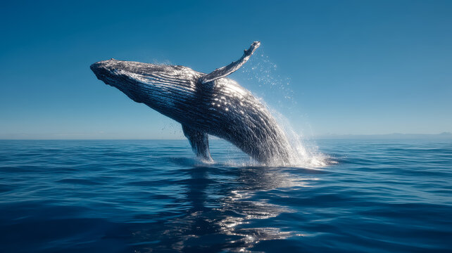 A majestic whale breaching in a clean, sparkling ocean, shot from a boat deck.