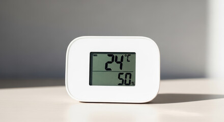 Digital thermometer displaying temperature and humidity readings on a white surface.