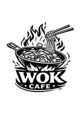 Wok cafe logo with noodles in frying pan and flames. Sketch style vector emblem for restaurant branding and menu design.