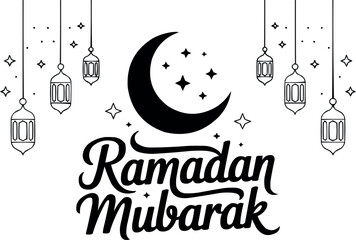 Ramadan mubarak calligraphy with crescent moon and hanging lanterns for islamic celebration background © Mst
