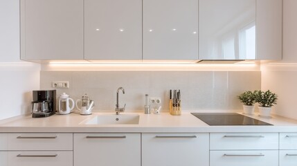 Fototapeta premium Modern minimalist kitchen with sleek cabinets, elegant counter, stylish appliances, and neat organization for a clean and contemporary home environment