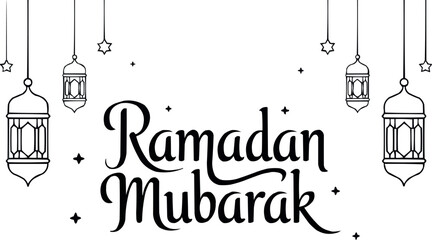 Ramadan mubarak vector typography design with hanging lanterns and stars, islamic greeting message © Mst