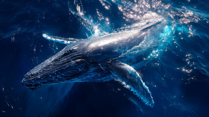 Fototapeta premium A majestic whale breaching in a clean, sparkling ocean, shot from a boat deck.