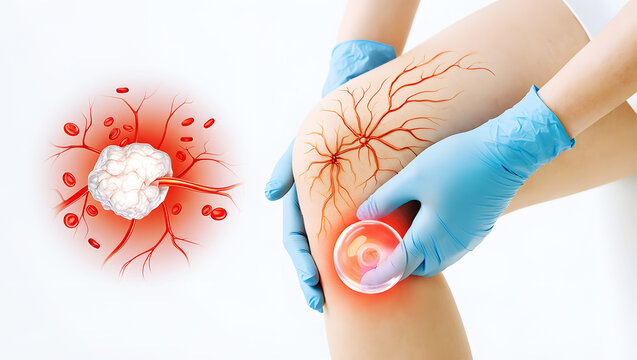 Medical illustration of blood clot in artery and doctor examining leg veins image