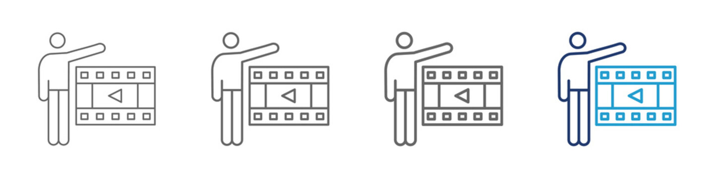 Film icon in multiple thick lines and blue color for web and illustration design with a human and storyboard.