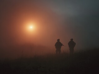 Fototapeta premium Silhouetted soldiers walking through dense fog towards a bright, hazy sun at dawn